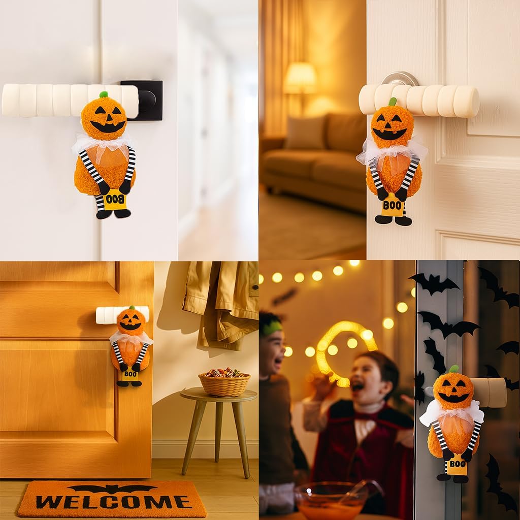 2Pcs Door Handle Covers with Ghost & Pumpkin Plush,Insulated Burns and Chills and Anti-Static Handle Covers for Cushioned Safety Protector for Kids,Holiday Home Safty and Decor (Pumpkin)