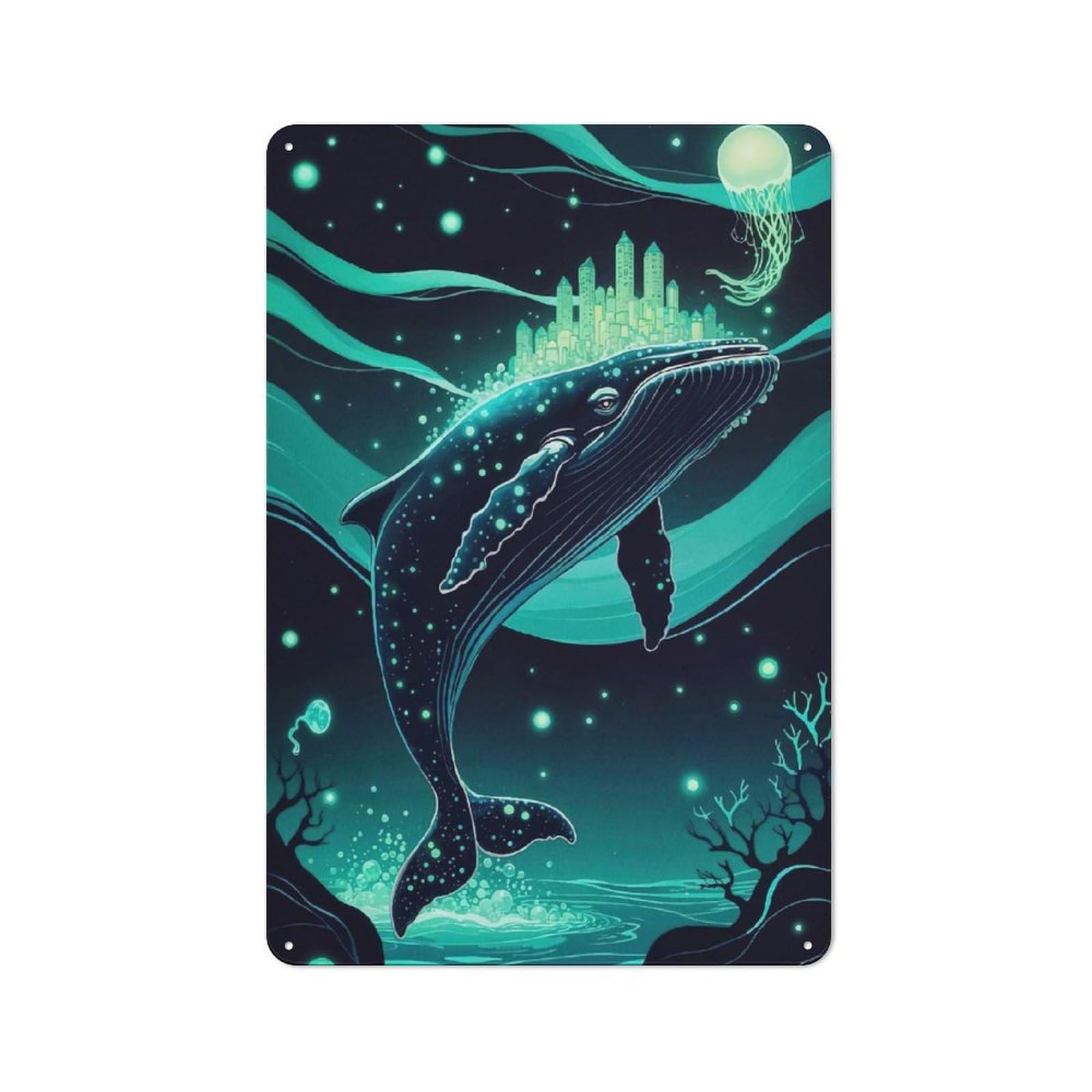 Junmoney Glowing Whale Cityscape Crown Metal Wall Sign 30X20cm Featuring For Bar Or Restaurant, For Bar Decor Enthusiasts