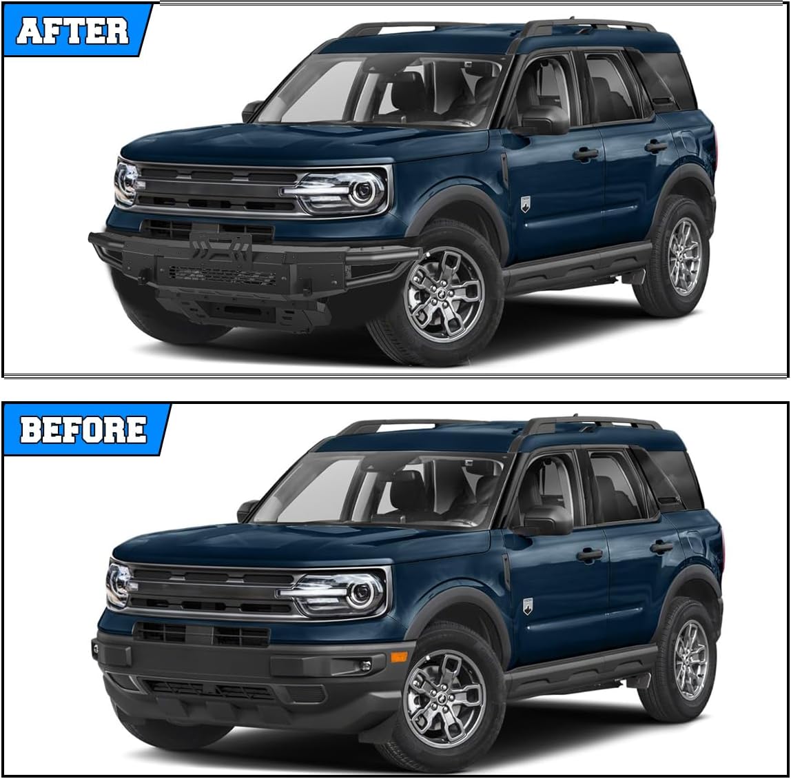 Before and After comparison of a Ford Bronco with stock bumper versus ROXX Front Bumper