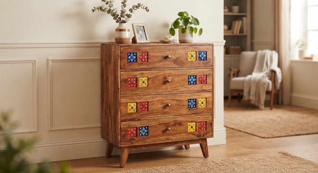 Sheesham Wooden Chest of Drawers with 4 Drawers Wooden Storage Cabinet with Handcrafted Ceramic Tile Design | Bedroom Chest of Drawers for Living Room, Hallway, Entryway (Honey Finish)-image-48