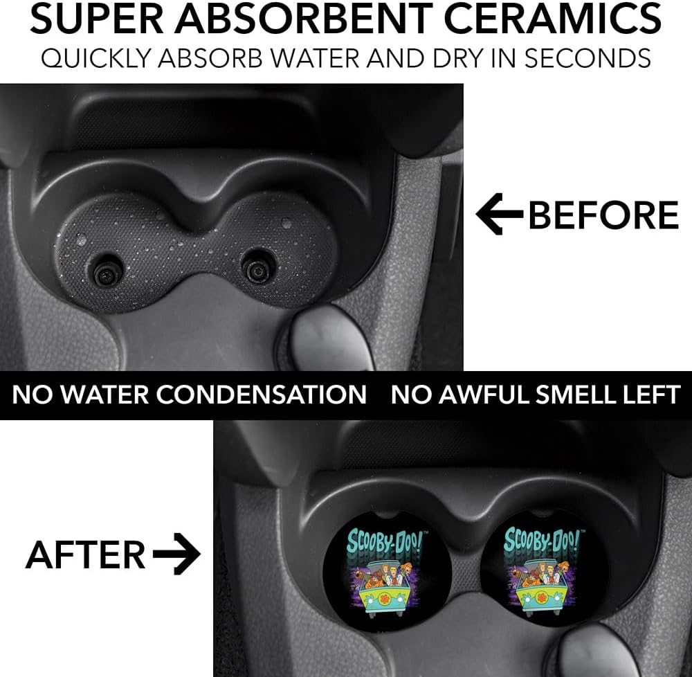 GRAPHICS & MORE Scooby-Doo Frightened Driving Car Coasters, Pack of 2, 2.5" Ceramic Stone, Drink Coaster for Cup Holders with Finger Notch - Image 3