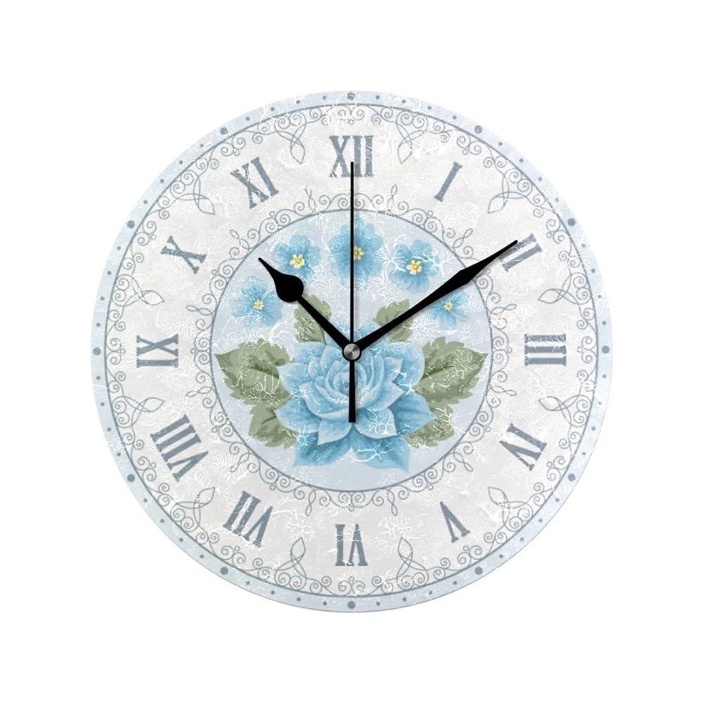 Decorativa Reloj de Pared Redondo con Estampado Rosas Vintage, silencioso, Funciona Pilas y sin tictac, for Escritorio, decoración Sala Estar para Oficina(Blue)