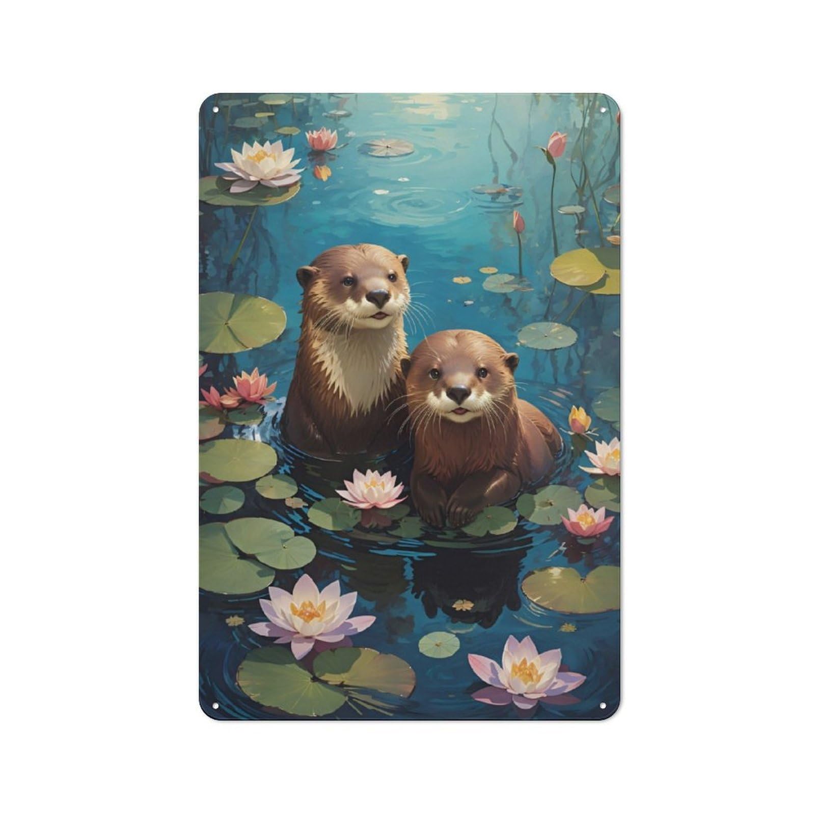 Junmoney Curious Otters Retro Tin Wall Plaque 30X20cm For Studio Or Craft Room, Winter Wall Decor For Creative-Space Collectors