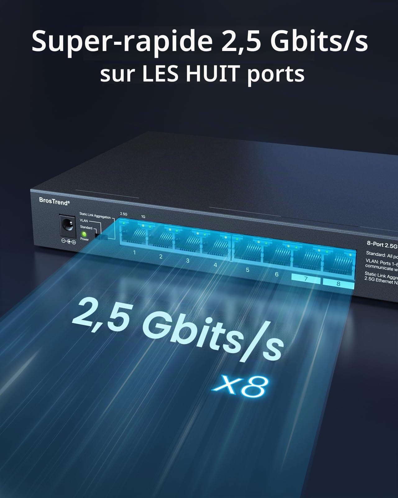 BrosTrend Switch Ethernet 2.5G 8 Ports, Switch Non-administrable Multi-Gigabit, Switch RJ45 avec VLAN, Agrégation de lien Statiques, Silencieux, Bureau Montage mural pour Maison, PME, Protection à Vie