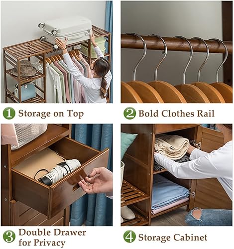 Miniatura 7 de Moderno soporte para ropa, árbol de abrigo en bambú, con riel de ropa y casillero, armario de pie, fácil de montar, 50.0 x 14.6 x 66.9in