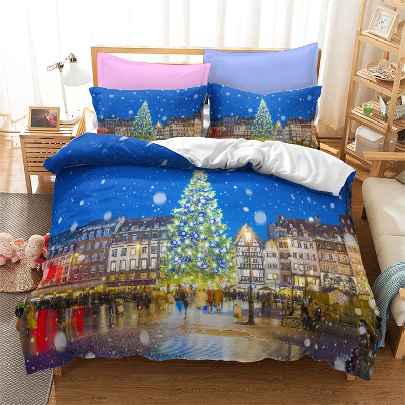 Housse de couette 90x190 scène de neige bleue en microfibre avec taie d'oreiller