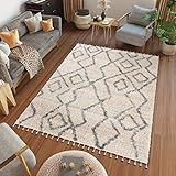 TAPISO Versay Fringes Alfombra Salón Habitación Juvenil Moderna Crema Gris Étnica Borlas Suave Shaggy 200 x 300 cm