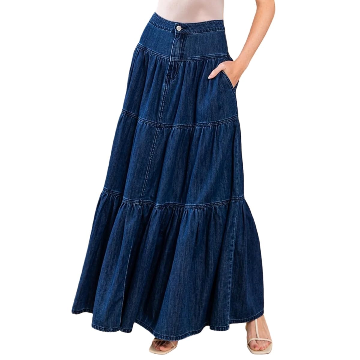 Falda Larga Vaquera Elegante para Mujer Estilo Casual De Talle Alto Y Corte En A con Bolsillos Volantes Escalonados Vestido Largo Ideal para Salir De Verano.