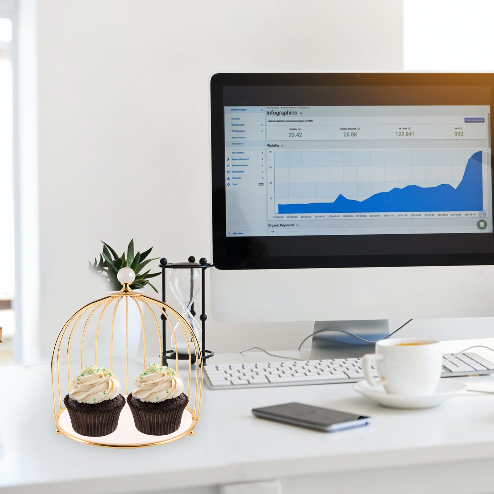 Frutero Jaula Decorativo de Hierro y Cerámica para Mesa, Blanco