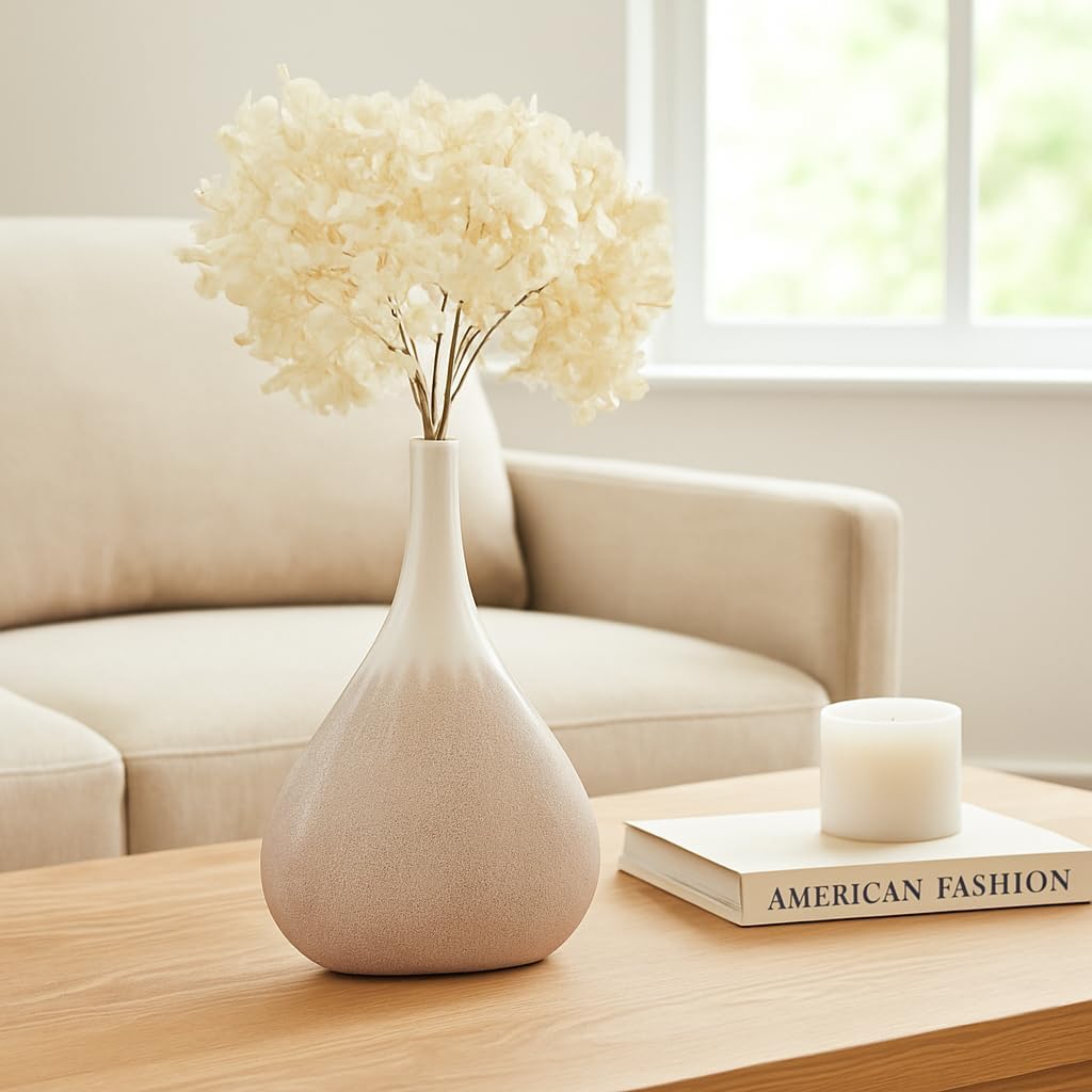 Vase for Table Decor - Modern Ceramic Vase for Home Decor Aesthetic - Alluring Flower Vase for Bedroom, Room, House, Office, and Living Room Decor Accent Piece - 12", Brown and Beige