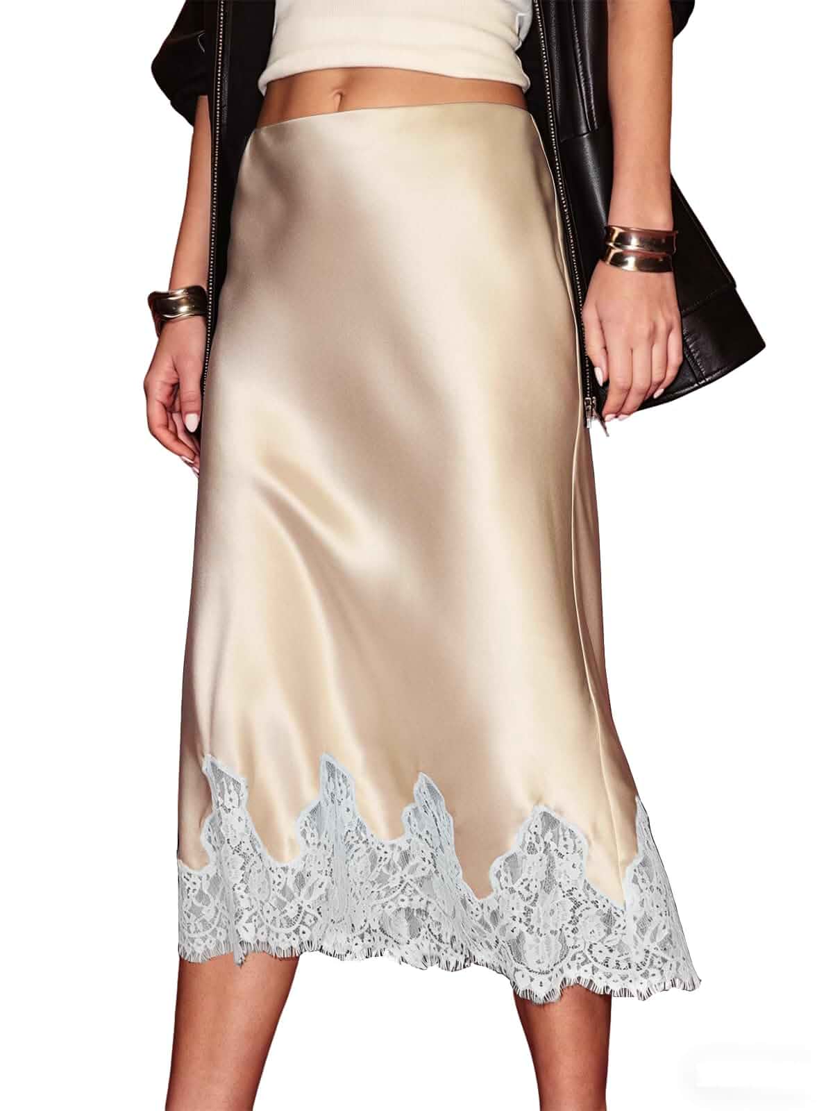 KateModa Women's Satin Skirts High Waist Silk Midi Skirt Summer Lace Trim Flowy Cocktail Party A Line Skirt