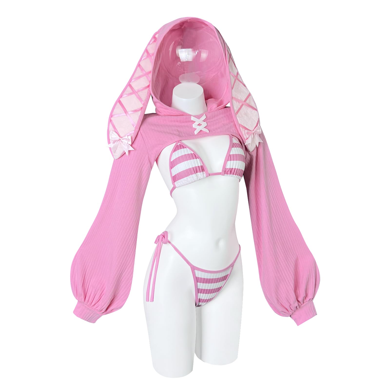 KORURACLUB Sexy Women Bunny Outfit (4-Piece Set) Anime Cosplay Bodysuit Bunny Girl Lingerie Maid (Pink Stripes, XS-M)