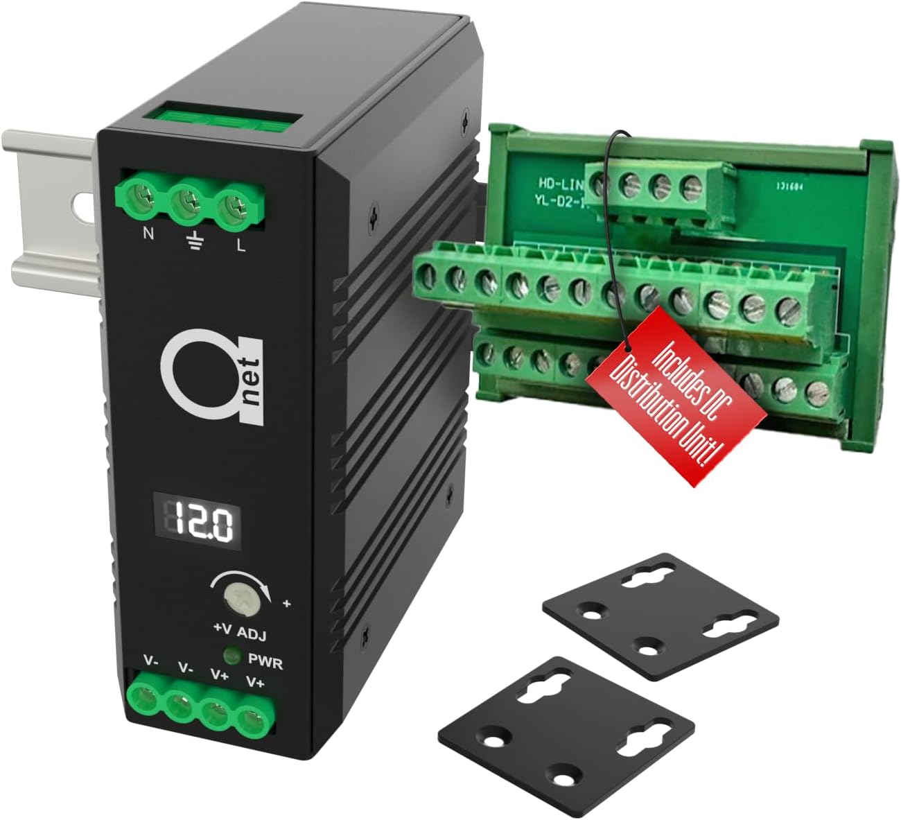 12V DIN Rail Industrial Power Supply Bundle – 12–14V Adjustable, 4A Output, DC Distribution Module, LED Display, Overload & Lightning Protection, -40°C to +85°C, Compact Fanless Design