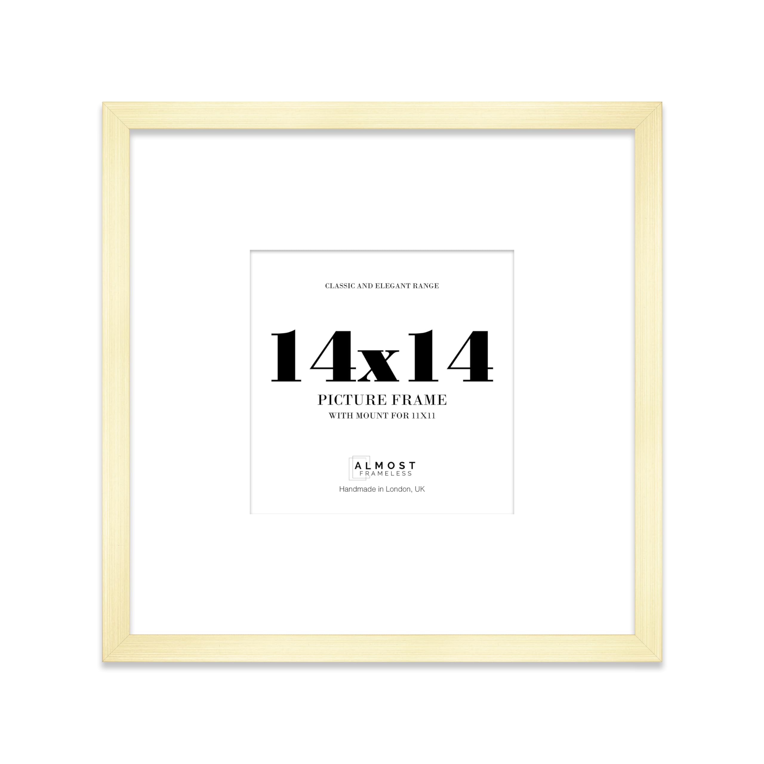 Almost Frameless 14x14 Square Picture Frame, Display Pictures 11x11 With Mat or 14x14 Without Mat, Wall Hanging & Free Standing Photo Frame, Gold, 1 Pack