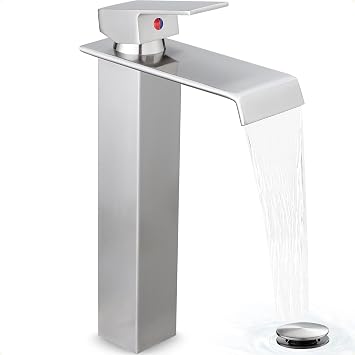 Tall Vessel Sink Faucet Brushed Nickel, Brass Waterfall Vessel Faucet, Single Handle Bathroom Faucet Tall Modern Bathroom Faucets for Vessel Sinks with Pop Up Drain and Supply Hoses