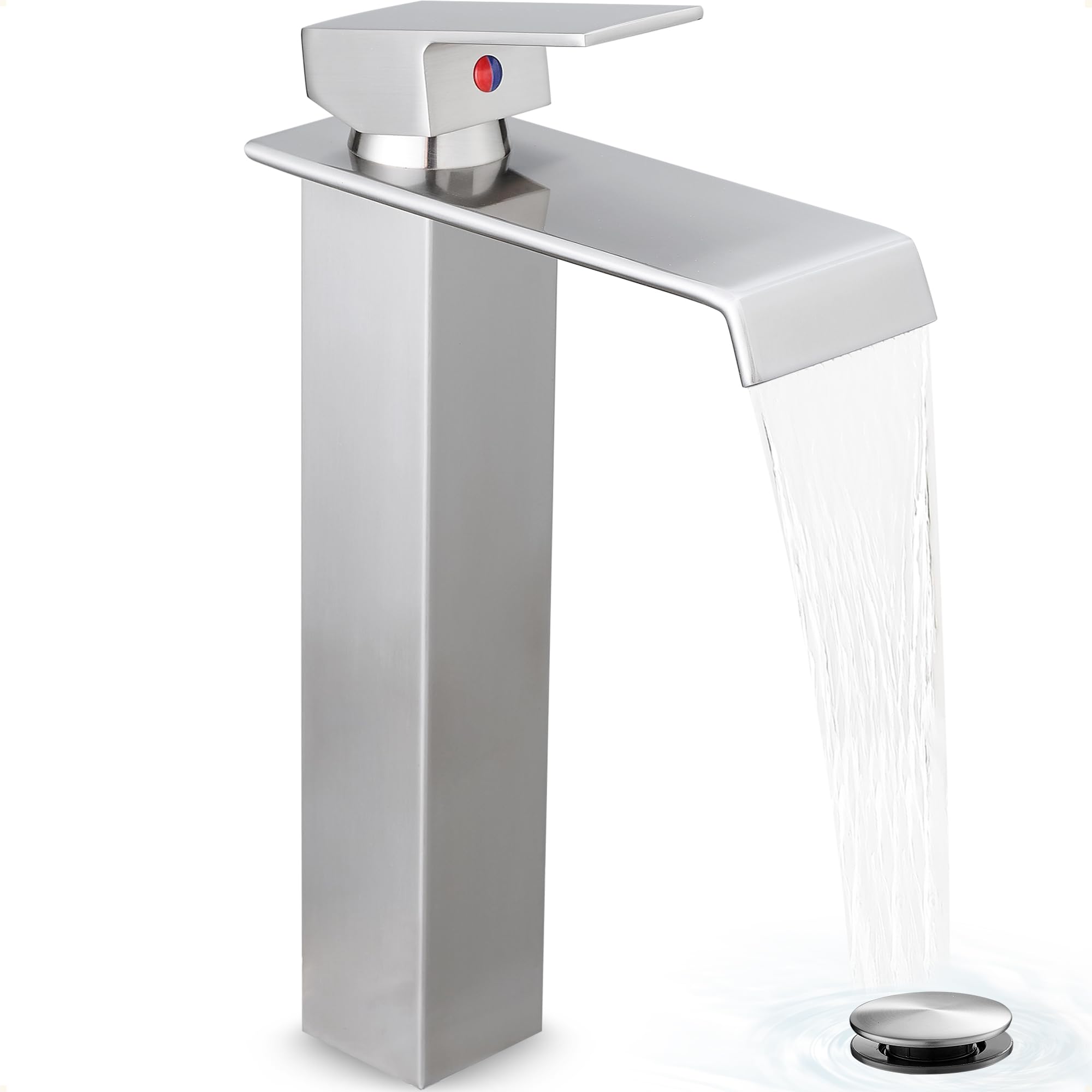Hcfyauis Brushed Nickel Tall Vessel Sink Faucet Brass Waterfall Vessel Faucet, Single Handle Bathroom Faucet Tall Modern Bathroom Faucets For Vessel Sinks With Pop Up Drain And Supply Hoses