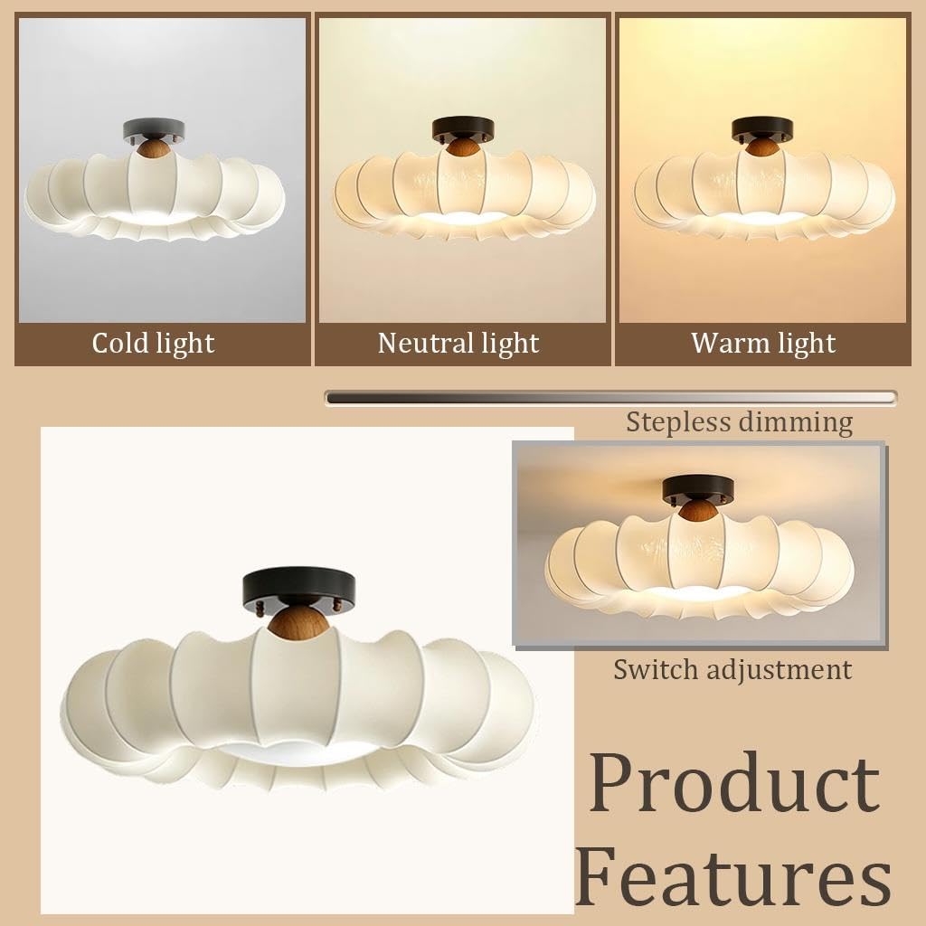 Lampa sufitowa LED w stylu francuskim vintage Ściemnialna lampa sufitowa z kloszem z tkaniny Z pilotem zdalnego sterowania Wykonana z miedzi Odpowiednia do salonu i sypialni