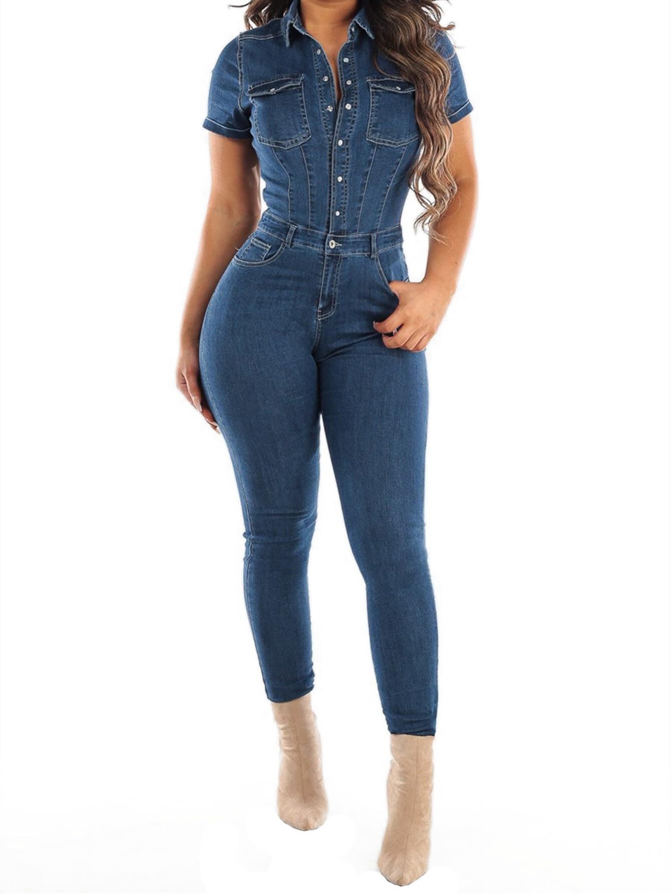 Asudaro Tuta Intera In Denim Da Donna Con Vita Media E Jeans Skinny Comodi