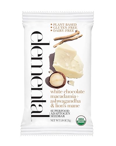 Elemental Superfood Barras de semillas de macadamia de chocolate blanco + Ashwagandha, 1.8 onzas, paquete de 12, 100% orgánico certificado,