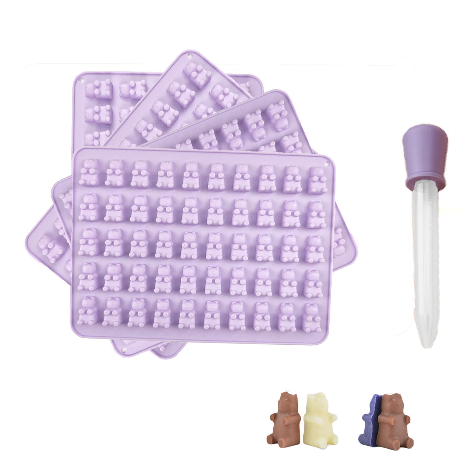 Bolivia's Gummy Molds, 4 Pack 50 Cavity Silicone Mould, Bear Shaped Ice Mold, Gummy Bear Candy Chocolate Mould, Gummy Molds for Kids, Candy Gummies With a Dropper Making Mould for Kids (Purple)