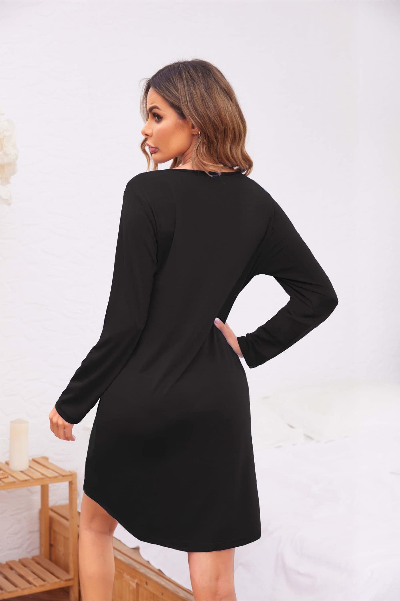 Ekouaer Camicia da Notte Donna Manica Lunga Autunno e Inverno Scollo a V Bottoni Morbida e Leggera S-XXL