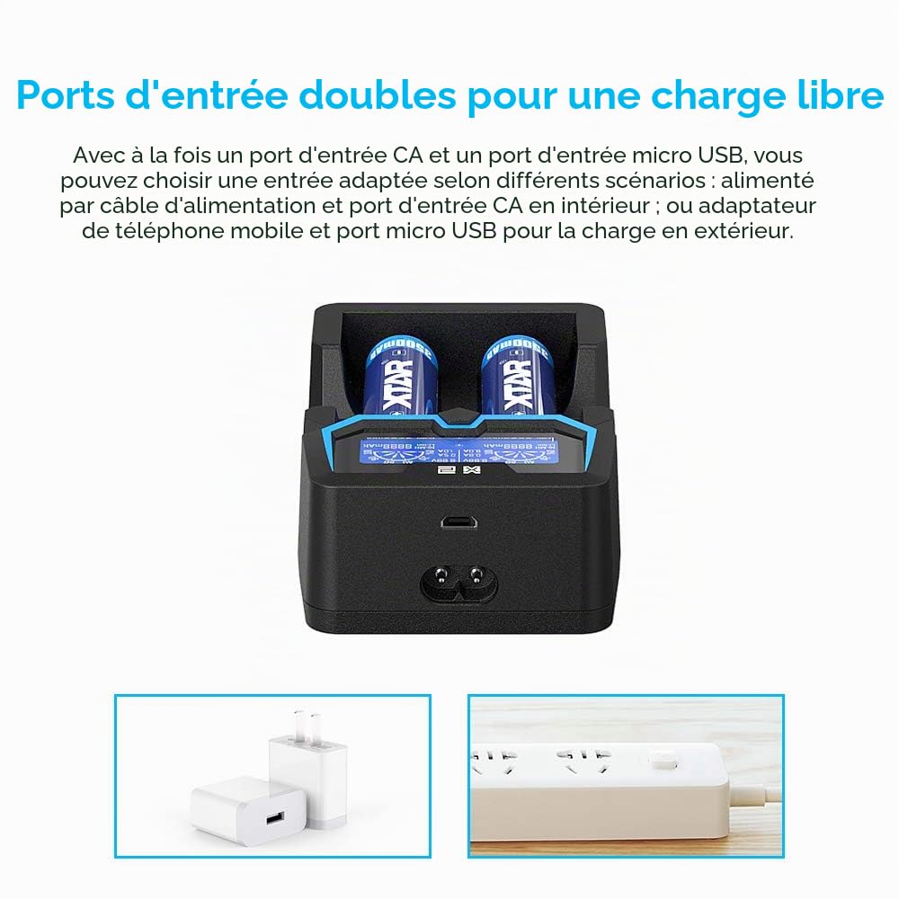 XTAR X2 Chargeur Protégé pour Batterie 20700 21700 avec Écran LCD 2A - Port AC DC 2 Compartiments 18650 et Mural pour 3.6V 3.7V 14500 16340 1.2V AAA C D
