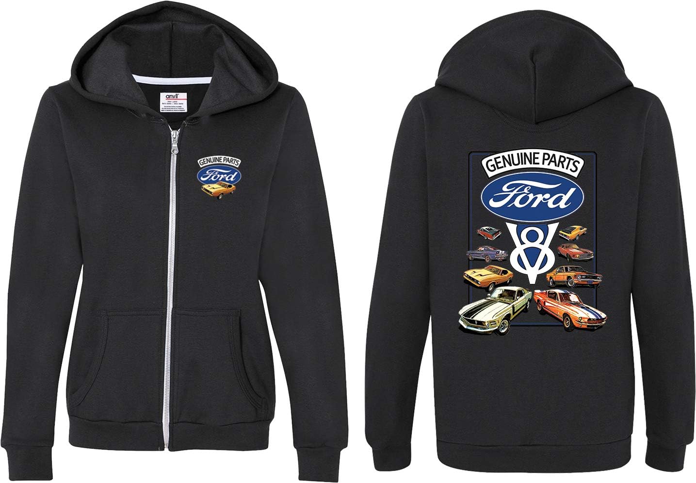 Ladies Ford Mustang Full Zip Hoodie V8 Collection Front and Back