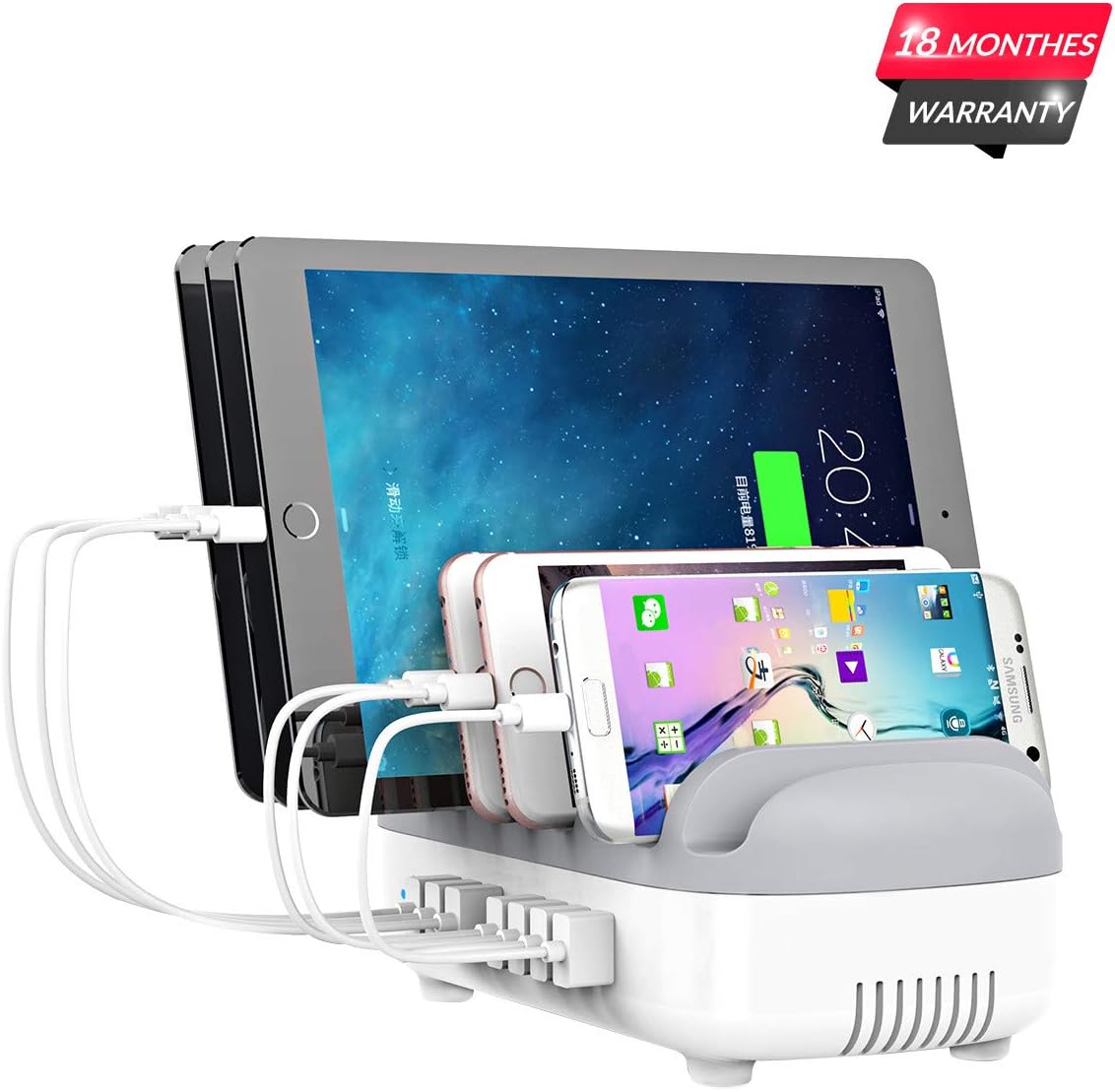 ORICO 10-Port USB Charging Station with cables connected to devices in its slots.