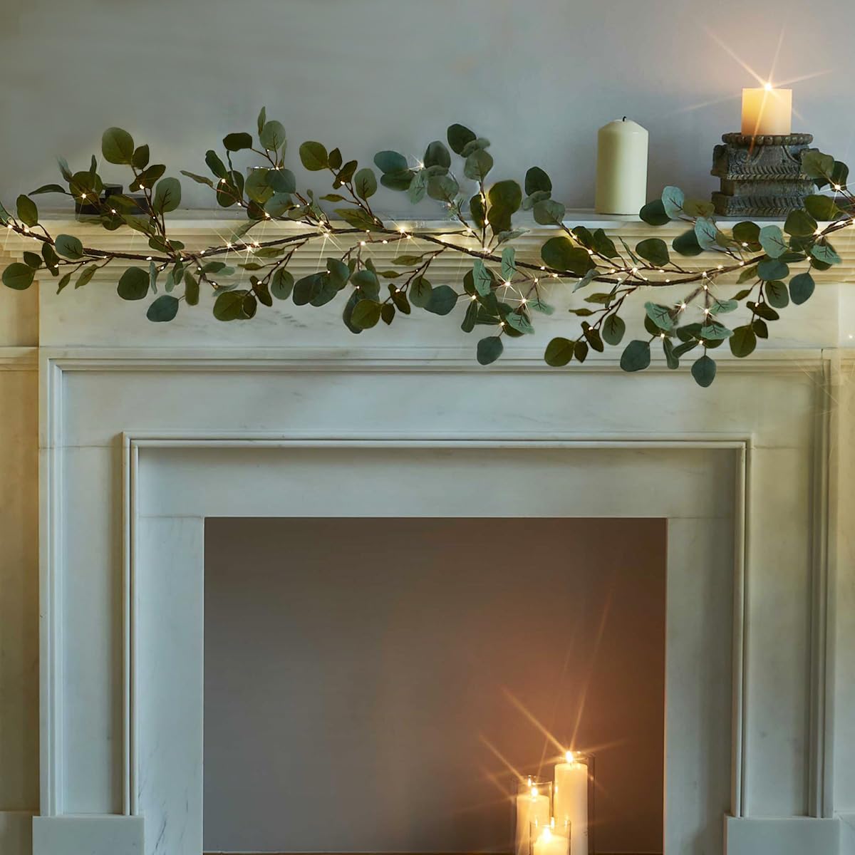 FudiosLighted Twig Eucalyptus Garland 6FT 96 Warm White LED Battery Operated with Timer for Mantle Fireplace Wedding Party Spring Bedroom Decoration Indoor Outdoor Use