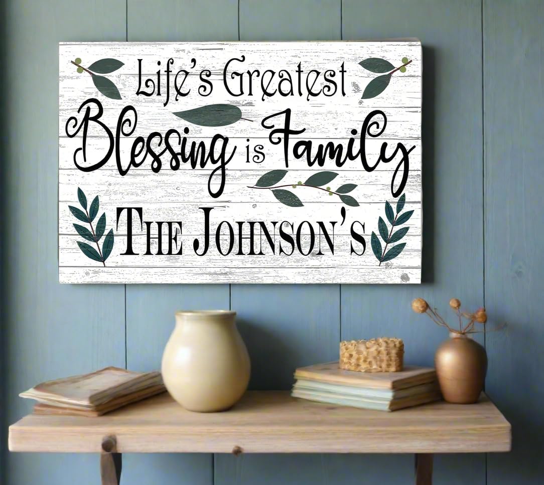 Family Name Sign Personalized – “Life’s Greatest Blessing is Family” Rustic Wall Art – Wedding, Anniversary, or Housewarming Gift – Farmhouse or Home Decor – Made in USA – 16.5" x 10.5"