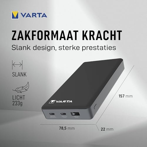 VARTA Power Bank 20000mAh, Powerbank Power on Demand met 3 aansluitingen (1x USB A, 2x USB C), compatibel met tablets & smartphones, in milieuvriendelijke verpakking - Afbeelding 4