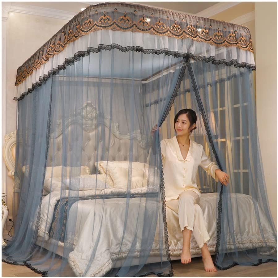 Cortina mosquitera con dosel romántico y soporte de metal para cama king size azul