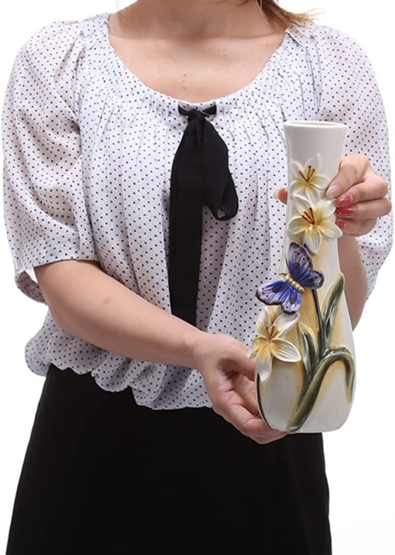 Ceramic Vase, Hand-Painted Butterflies and Lilies Flowers Home Decor Bouquet Holder- 10" Tall