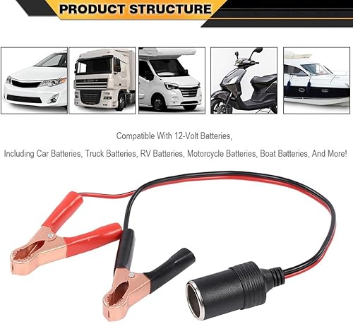 Miniatura 8 de Adaptador de batería de 12 V a encendedor de cigarrillos, pinza de pinza de cocodrilo, enchufe de coche de 12 V, compatible con baterías de 12 V de