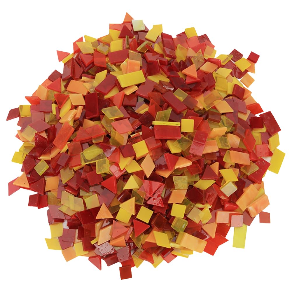 About 220 Pcs Different Shape Mosaic Pieces Rectangle Square Mosaic Tiles Small Triangle Glass Tiles Diamond Glass Mosaics Tile Mini Craft Tile Mosaics Art Materials Red Yellow