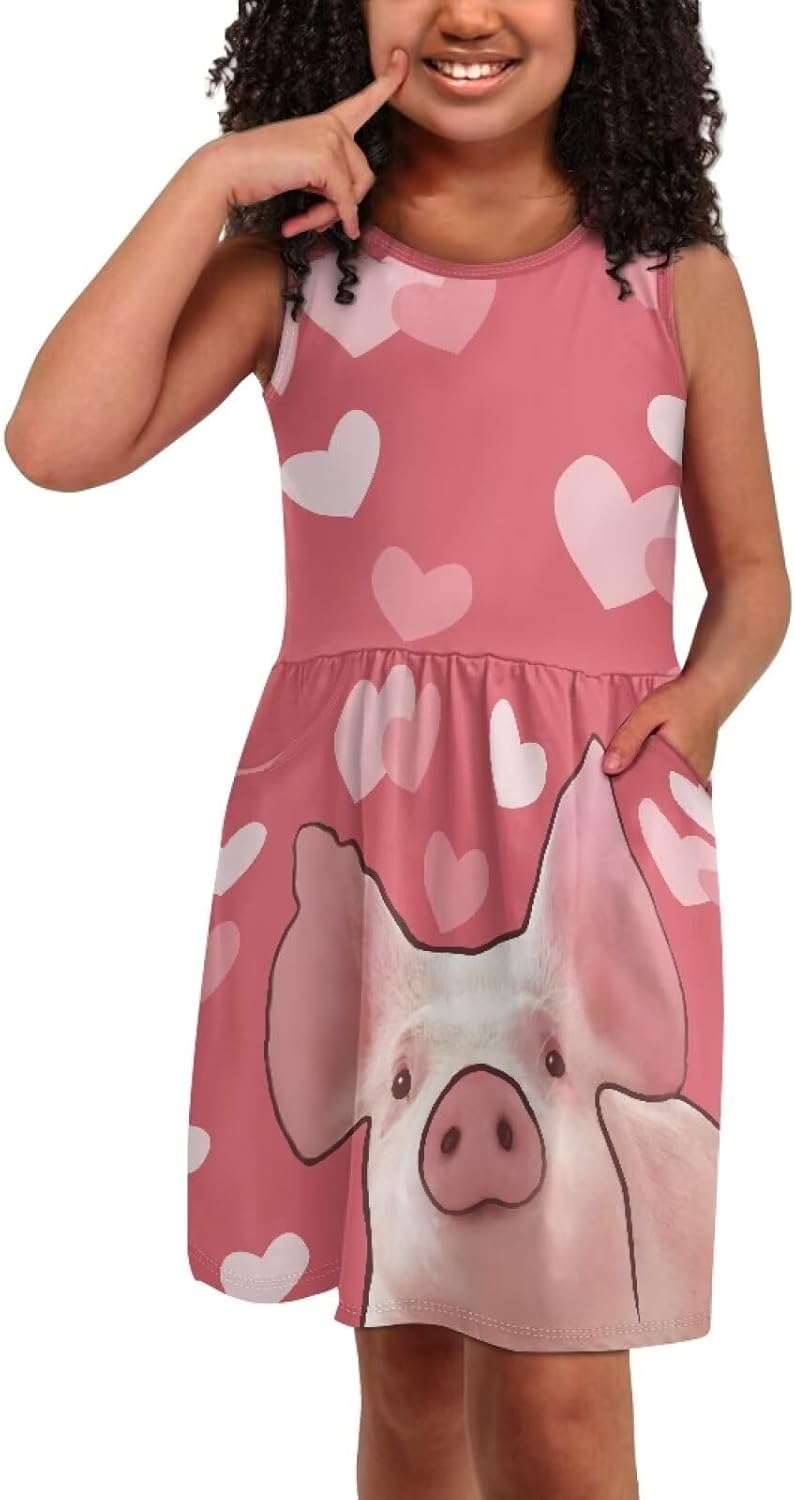 Cute Cartoon Animal Sundress for Girls Swing Loose Fit Sleeveless Summer Dress with Side Pocket