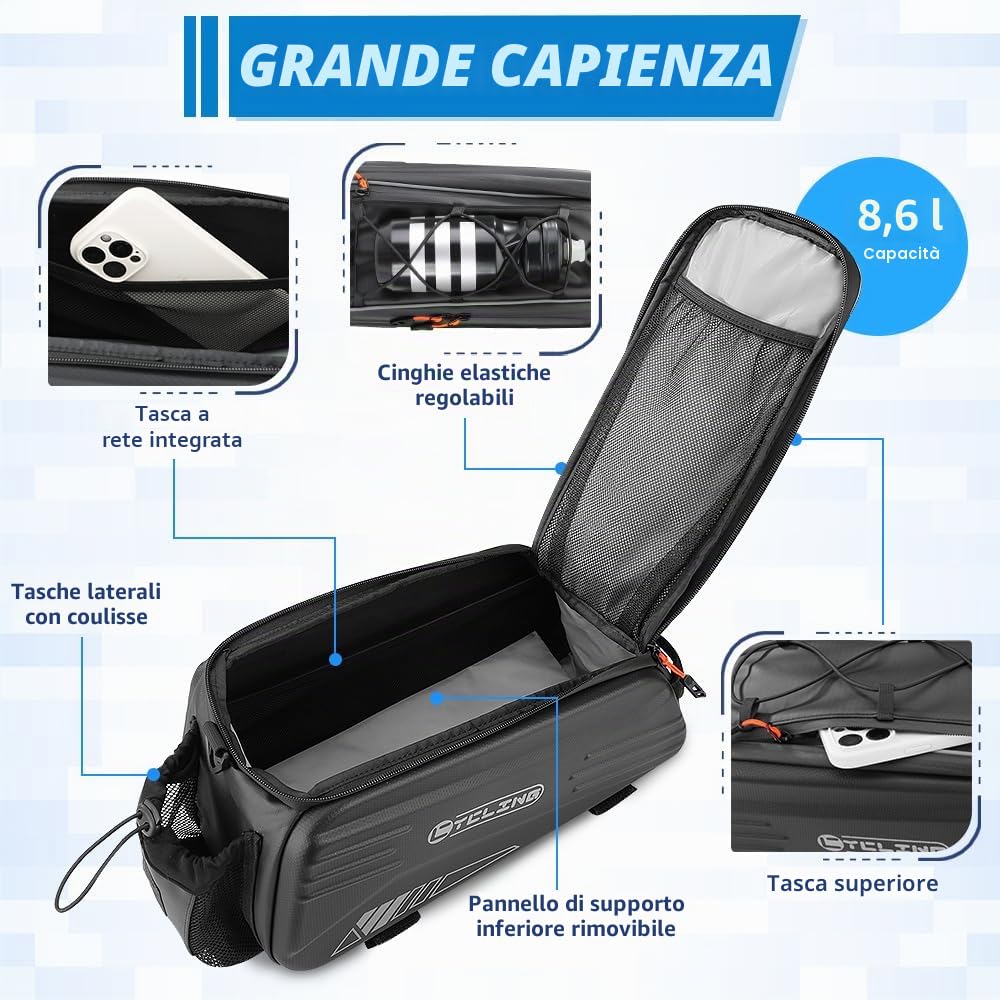WOTOW Borsa portabici per bicicletta, borsa portapacchi posteriore per bici rigida da 8,6 litri con strisce riflettenti, maniglia e tracolla, borsa portabici resistente all'acqua per viaggi