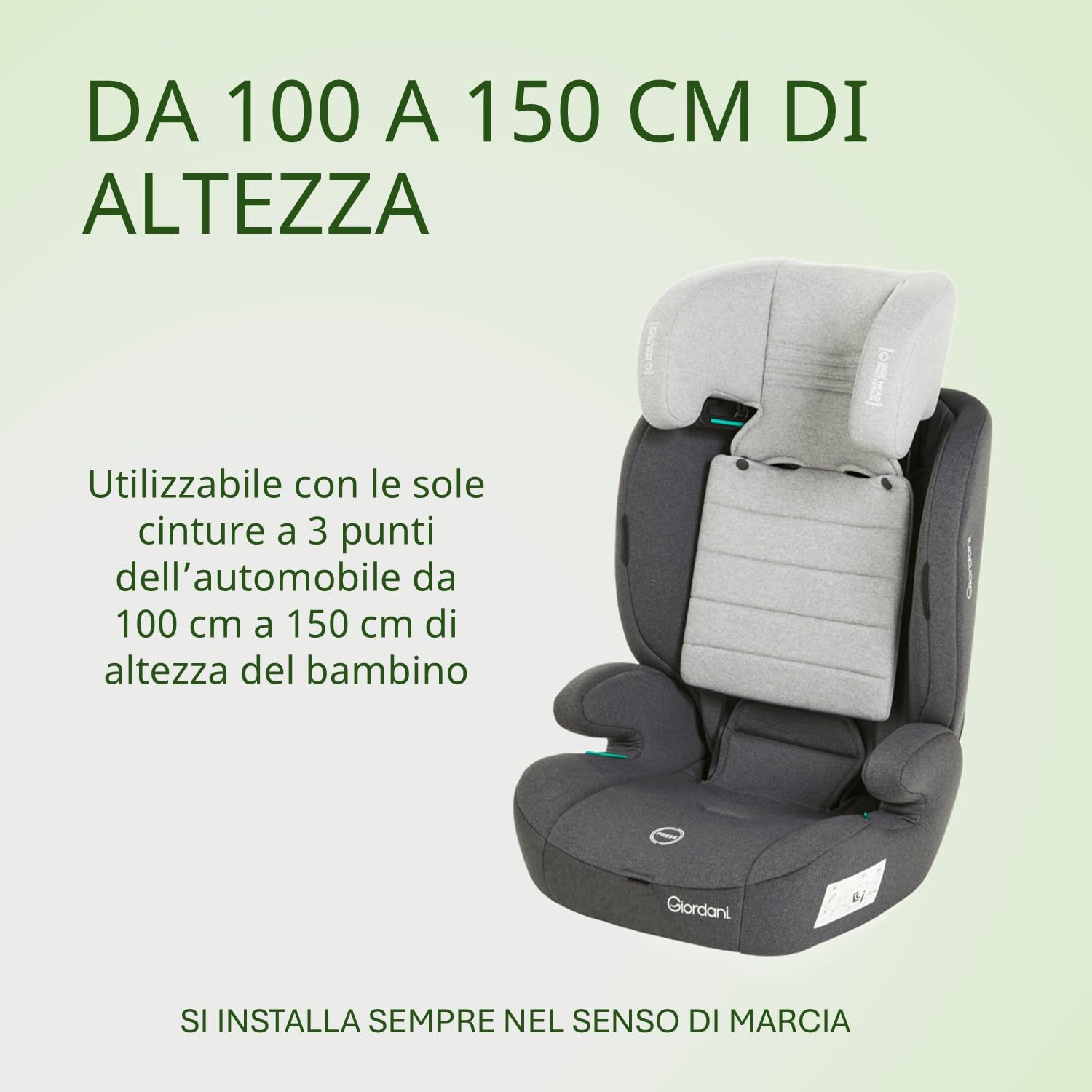 Giordani Adonis Silla de Coche 76-150 cm i-Size, Homologada R129/03 con Arnés de 5 Puntos y Reductor Ergonómico, Reposacabezas Ajustable y Sistema Harness Retainer, Evolutiva para Niños 15-36 kg