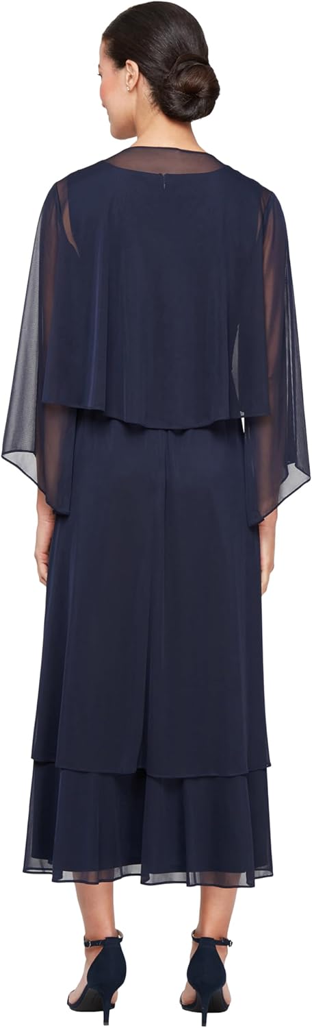 S.L. Fashions Womens Tea Length Mesh Sleeveless Mother of The Bride Dress with Embellished Shoulder Jacket - Image 4
