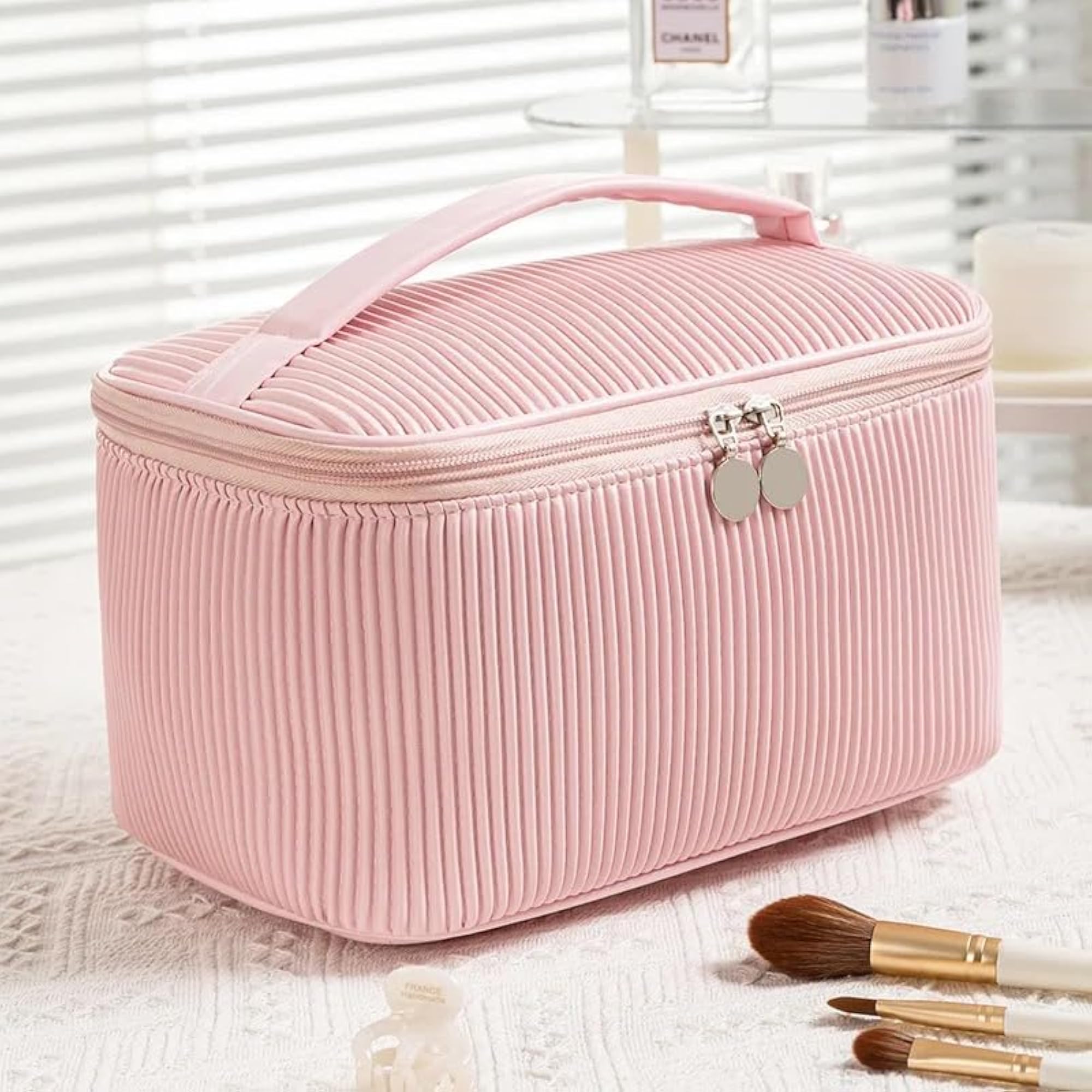 PU Leather Cosmetic Vanity Bag with Makeup Brush Holder