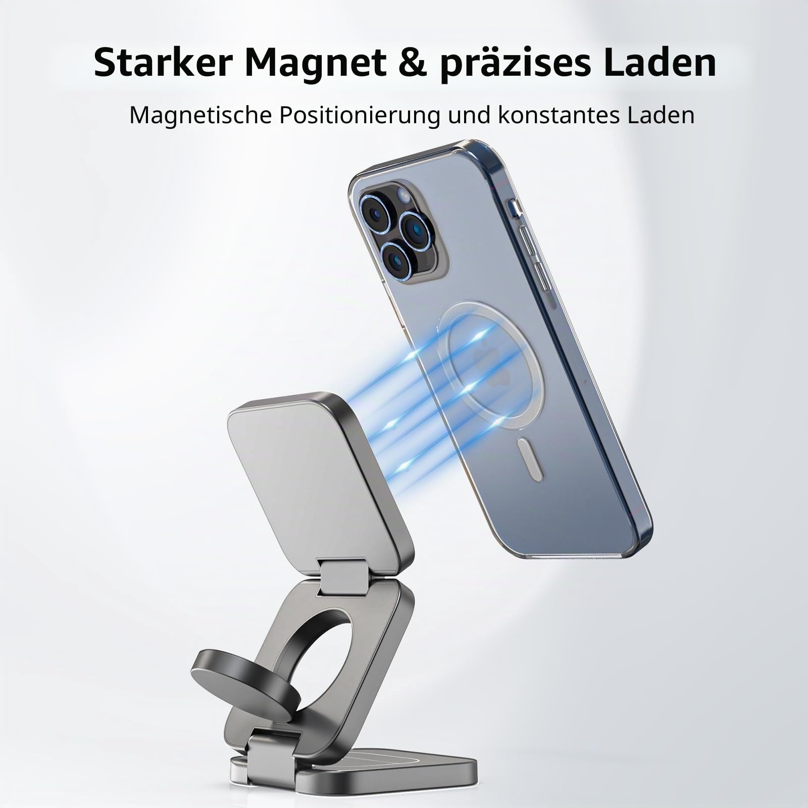 KU XIU X55 15W Magnetisches Ladestation für Magsafe, Faltbar 3-in-1 Ladestation Reise, Ladegerät Ständer für Apple Watch und iPhone 17-12 & AirPods, Mit 30W USB-C Netzteil, Grau
