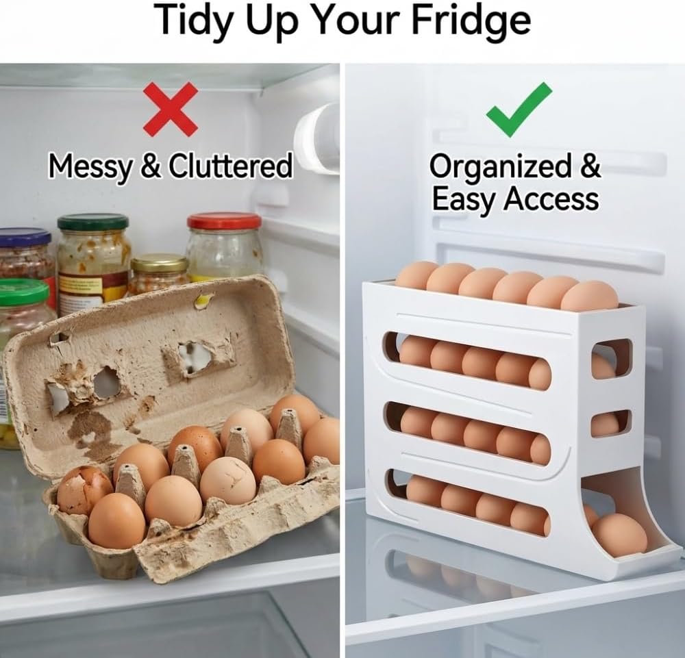 Automatic Rolling Egg Dispenser for Refrigerator, 4-Tier Large Capacity Egg Holder for Fridge, Stores up to 28 Eggs, Slim Gravity Fed Egg Organizer, No Assembly（White）