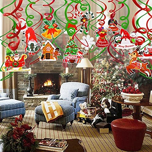 HOWAF 30pcs Christmas Hanging Swirls Decorations, Snowman Santa Claus Elk Snowflake Foil Swirl Hanging Decor Xmas Ceiling Decorations for Christmas Holiday Party Decoration Supplies