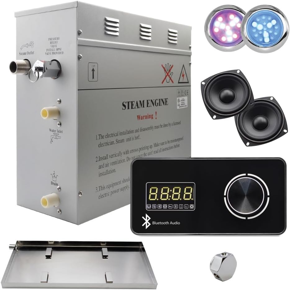 Superior Encore Plus 9 kW Steam Shower Generator Kit with Horizontal Black Keypad, Bluetooth Audio, Drip Pan & Color Lights |Self-Draining Steam Bath Generator |One-click Connection Cord|
