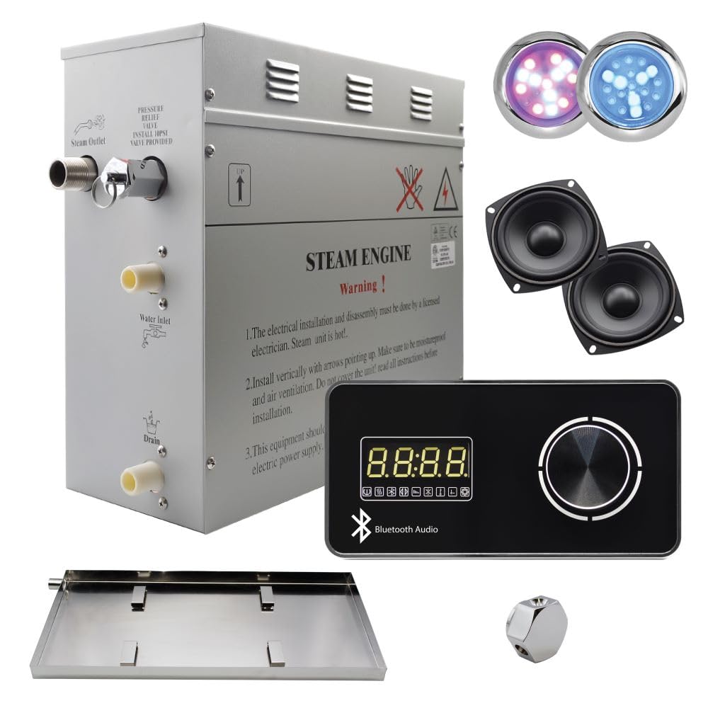 Superior Encore Plus 6 kW Steam Shower Generator Kit with Horizontal Black Keypad, Bluetooth Audio, Drip Pan & Color Lights |Self-Draining Steam Bath Generator |One-click Connection Cord