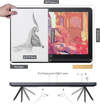 XPPen 4K UHD Artist Pro 19 Gen2 Drawing Tablet with Screen, 156% sRGB Graphic Tablet with 1.07 Billion Colors Anti-Glare Drawing Monitor with Dual 16384 Pen Pressure Stylus, Mini Keydial, 18.4