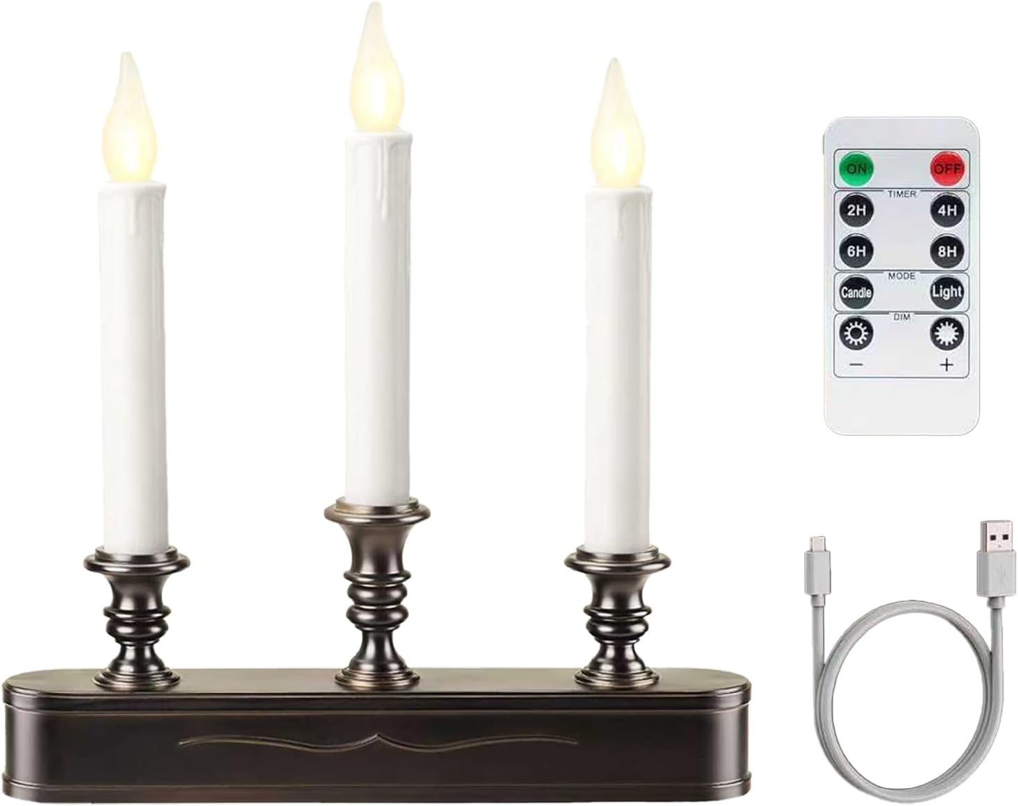 Rechargeable Flameless Taper Candles 3 Tier Black Antique with Remote & Timer, LED Flickering Window Candle, USB Charging, Dimmable,Safe for Home, Christmas,Table Fireplace Decor