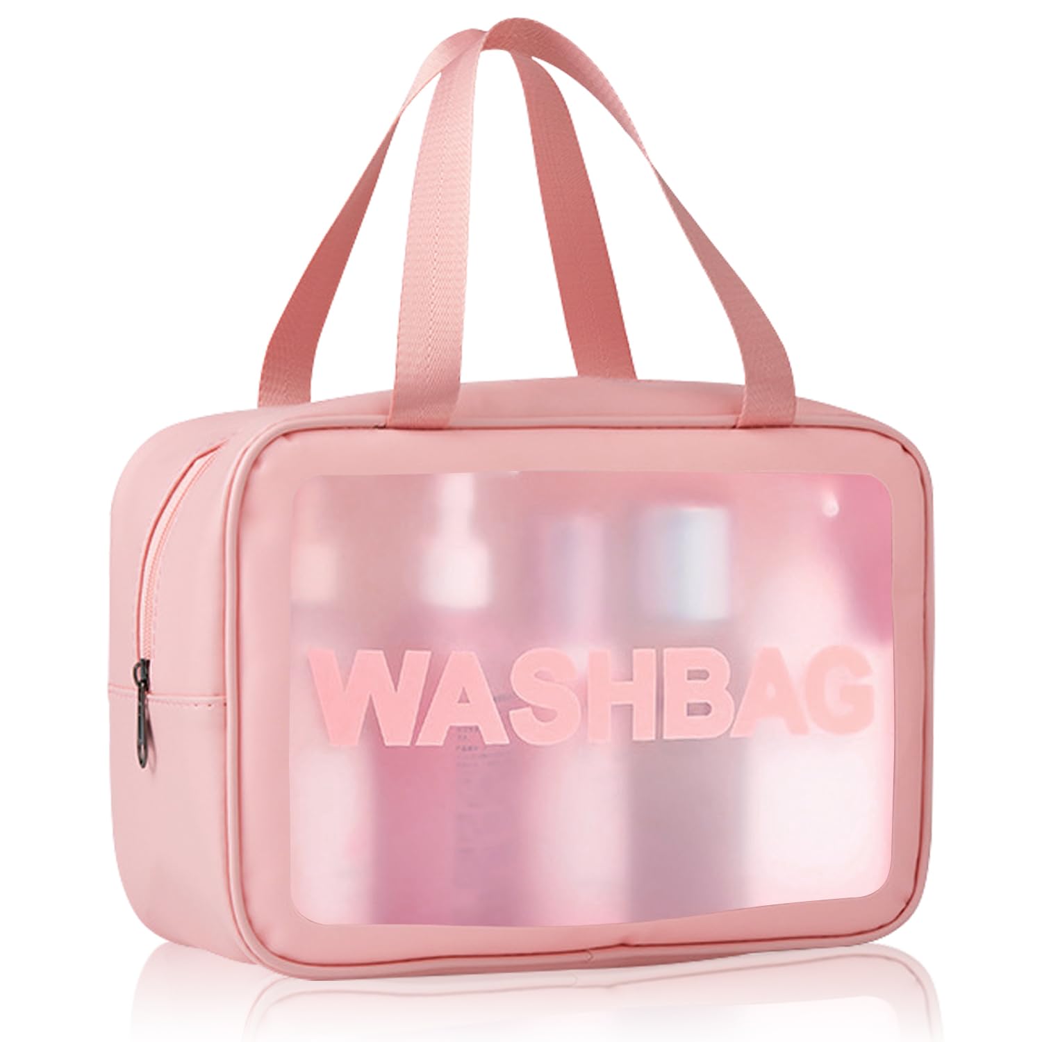 EXIN DEHCEN Neceser Bolsa Bolsas Portátil de Aseo Transparente Maquillaje de PVC, Bolsa de Cosméticos Impermeable con Cremallera, Neceser Transparente e Impermeables Viaje Grande de Viaje para Baño, Viajes (Rosa)
