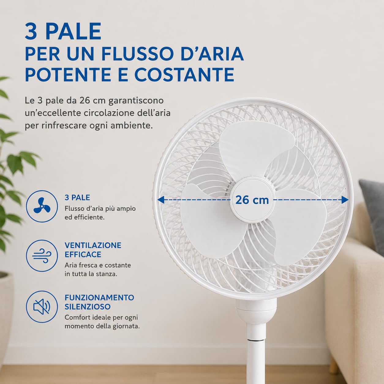 Ventilatore a Piantana - Oscillante - 50W - 3 Velocità Regolabile | Oscillazione automatica, altezza regolabile 65-81 cm, pale 26 cm, inclinazione 90°, base stabile, uso casa e ufficio