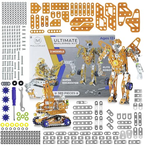 MALUVRIAN Erector Set for Boys & Girls - Metal Model Kits for Adults, Teens & Advanced Kids - Stem Toys - Build A Robot or Excavator - Educational & Engineering Toys - Building Kit | 389 pcs